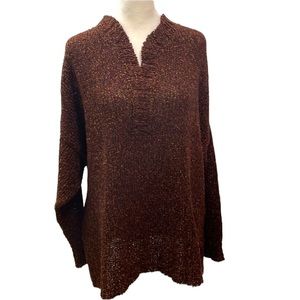 Textures V-neck sweater in dark brown with flecks of orange and gold. 1X. VGUC